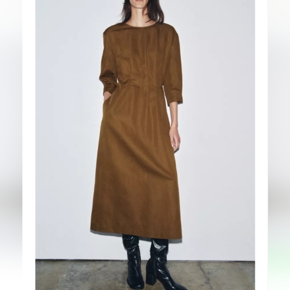 Zara Zw Collection Elegant Brown Pleated Linen Blend Midi Dress Sz-L